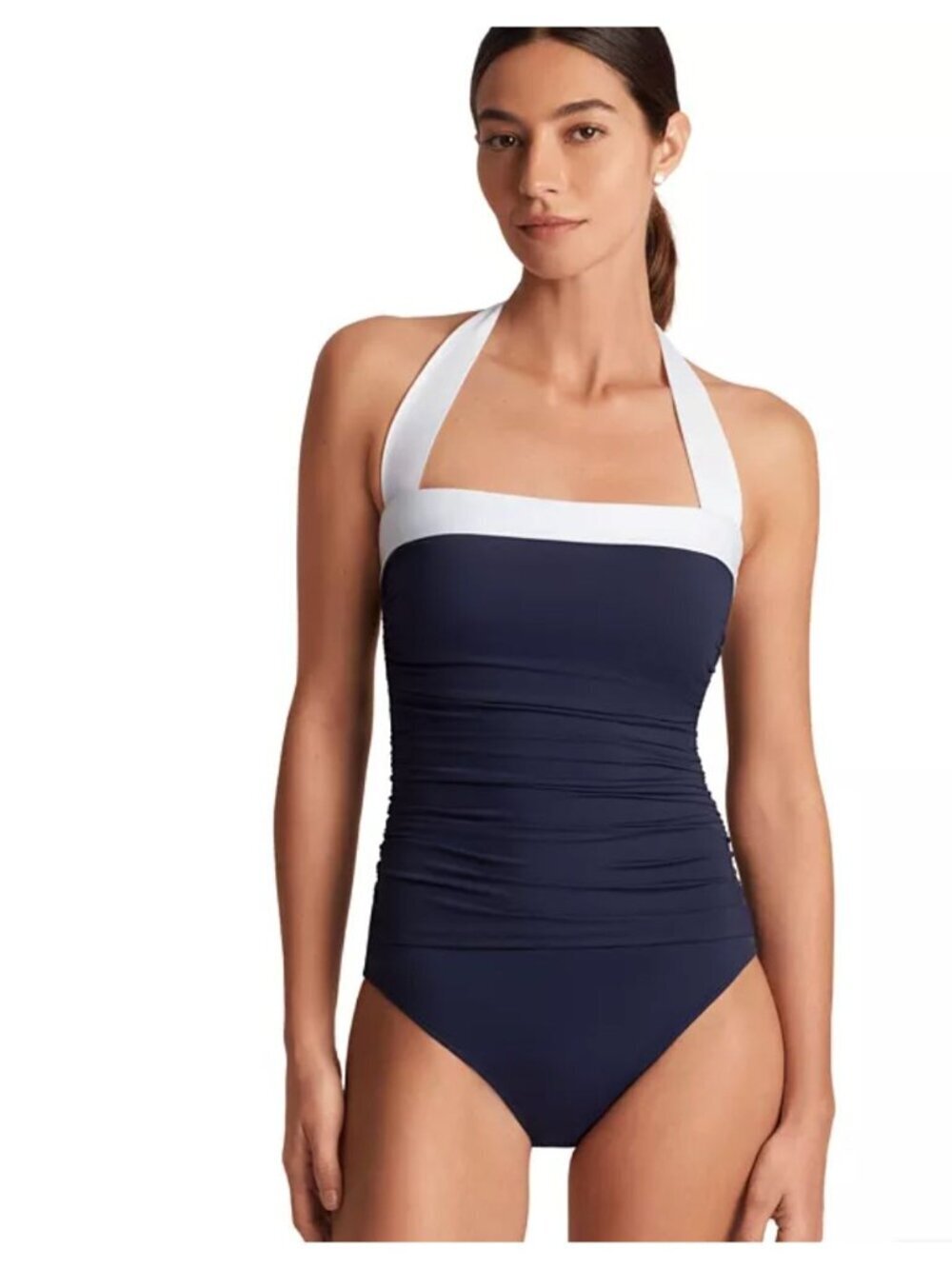 New Lauren Ralph Lauren Women's Size 8 Navy Shirred Bandeau One Piece Swimsuit